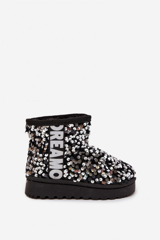 Botas de nieve infantiles con forro y escamas brillantes en negro y plata Rebbica