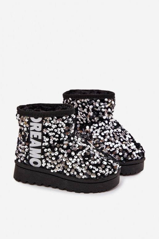 Botas de nieve infantiles con forro y escamas brillantes en negro y plata Rebbica