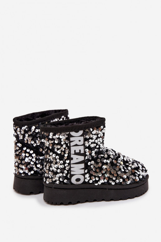 Botas de nieve infantiles con forro y escamas brillantes en negro y plata Rebbica