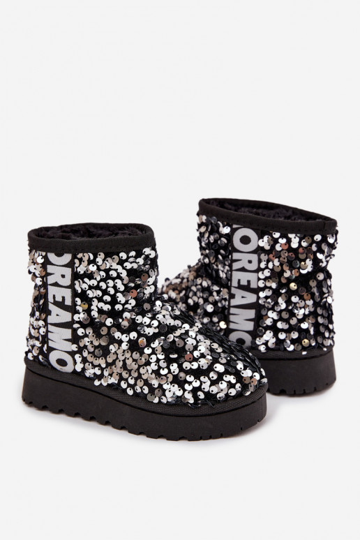 Botas de nieve infantiles con forro y escamas brillantes en negro y plata Rebbica
