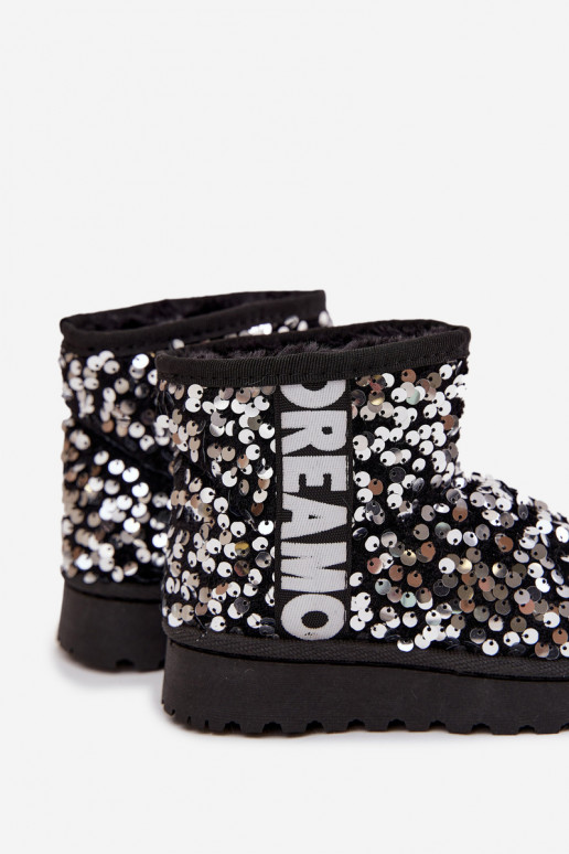Botas de nieve infantiles con forro y escamas brillantes en negro y plata Rebbica