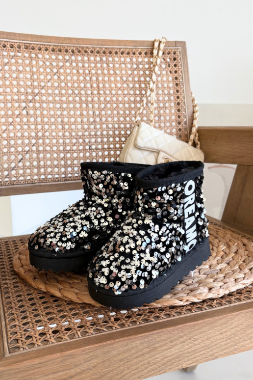 Botas de nieve infantiles con forro y escamas brillantes en negro y plata Rebbica