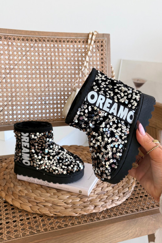 Botas de nieve infantiles con forro y escamas brillantes en negro y plata Rebbica