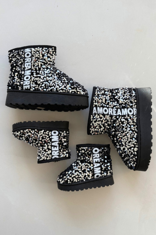 Botas de nieve infantiles con forro y escamas brillantes en negro y plata Rebbica