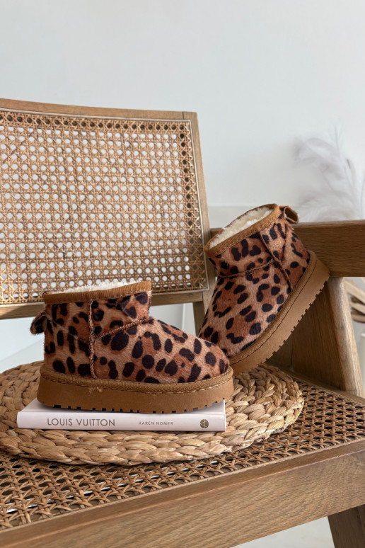 Botas de nieve cálidas para niños/adolescentes color marrón con forro de piel y estampado de leopardo Mireya