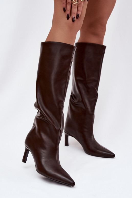 botas de mujer Un modelo convincente con tacones finos Con costura CzekoladoAe Olyvia