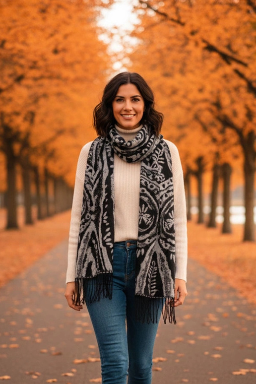 Bufanda blanco y negro con flores...