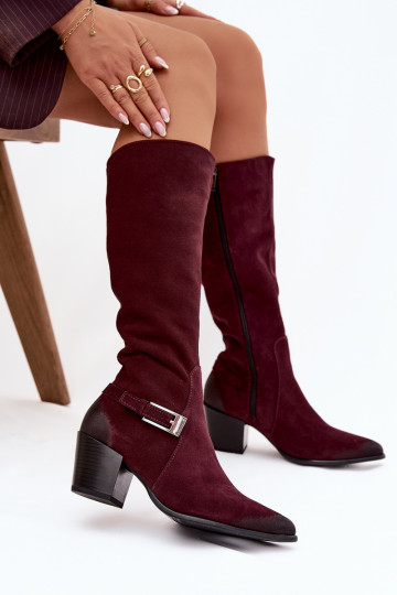 Botas largas de cuero ante con tacones y hebillas forradas en color burdeos Zazoo 70156