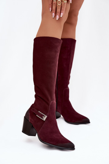 Botas largas de cuero ante con tacones y hebillas forradas en color burdeos Zazoo 70156 2