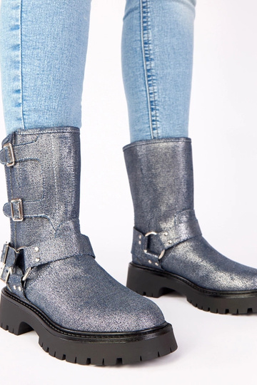 Botines azules decorados con hebillas y brillo plateado "Cara"