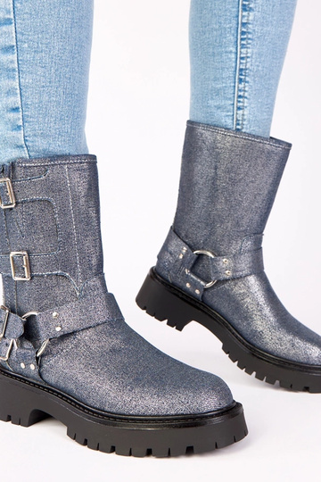 Botines azules decorados con hebillas y brillo plateado "Cara" 2