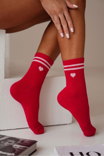Calcetines de lino para mujer con corazones y rayas color rojo