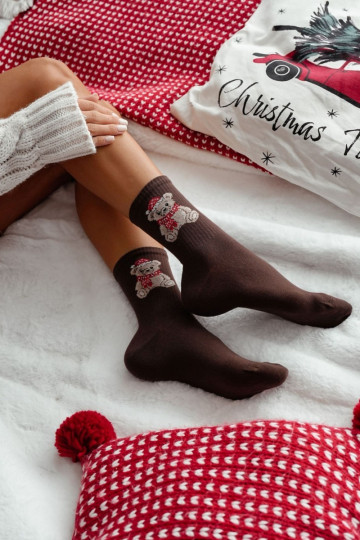 Calcetines navideños de mujer con ositos "Santa Claus" color chocolate