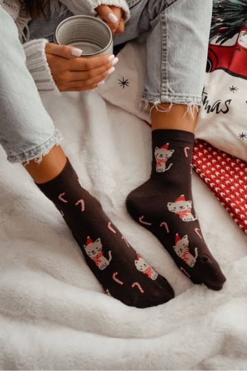 Calcetines navideños de mujer con gatos, color chocolate