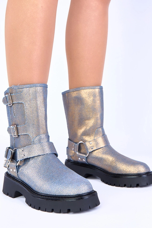 Botines azules con hebillas doradas Cara