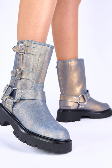 Botines azules con hebillas doradas Cara 2