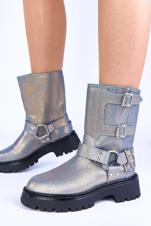 Botines azules con hebillas doradas Cara