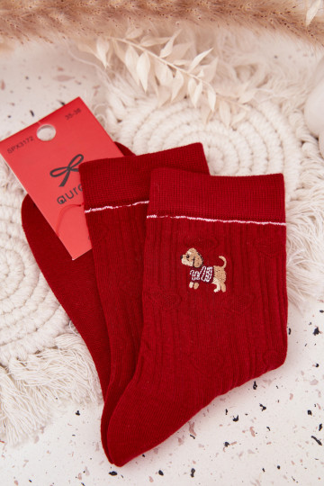 Calcetines navideños para mujer con corazones y perro de color turquesa 2