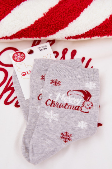Calcetines navideños para mujer copos de nieve con inscripción de color gris 2