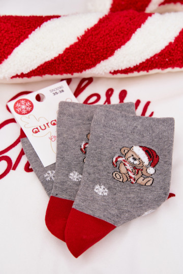 Calcetines navideños para mujer copos de nieve y ositos con Papá Noel de color gris 2