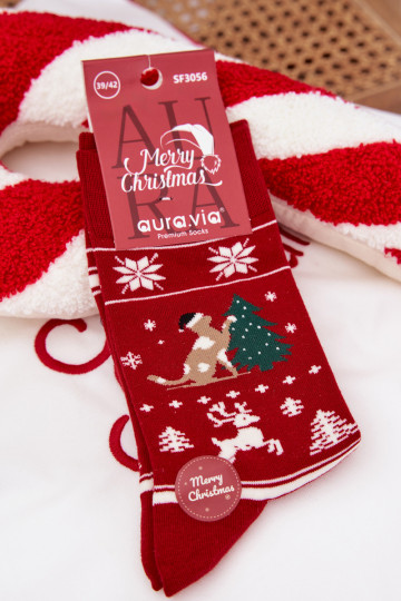 Calcetines navideños para hombre gato con árboles de Navidad de color rojo