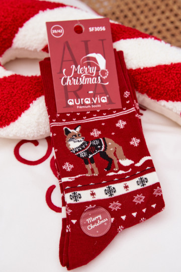 Calcetines navideños para hombre zorro en suéter de color rojo