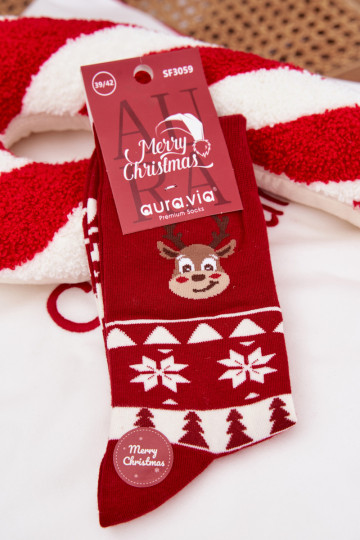 Calcetines navideños para hombre estampados con renos de color rojo