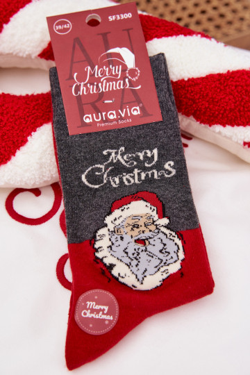 Calcetines navideños para hombre con inscripción y Papá Noel riendo de color gris