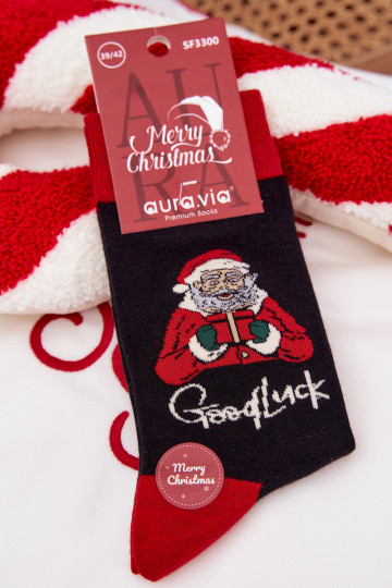 Calcetines navideños para hombres con texto y Santa Claus riendo, de color negro