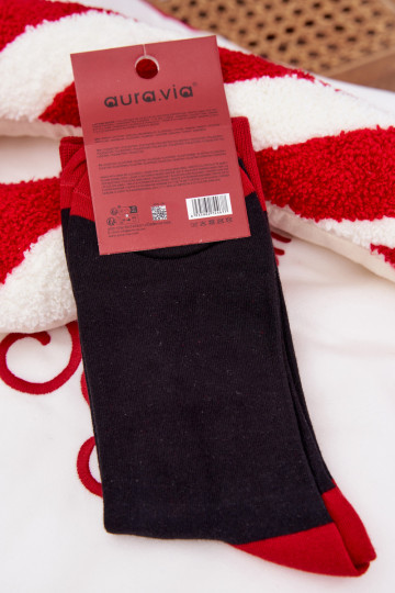 Calcetines navideños para hombres con texto y Santa Claus riendo, de color negro 2