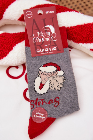 Calcetines navideños para hombres con texto y Santa Claus, de color gris