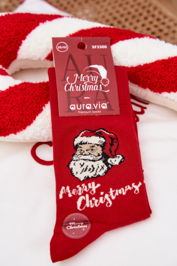 Calcetines navideños para hombres con Santa Claus y el texto "Feliz Navidad", de color rojo