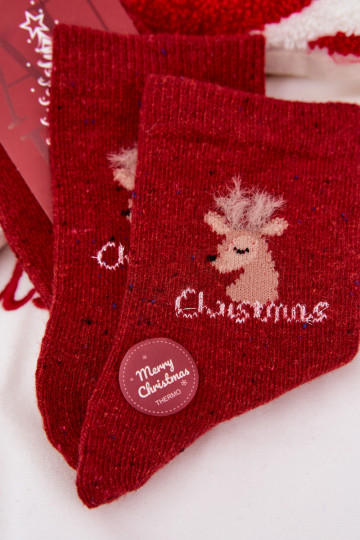 Calcetines navideños para mujeres con renos, de lana, de color rojo