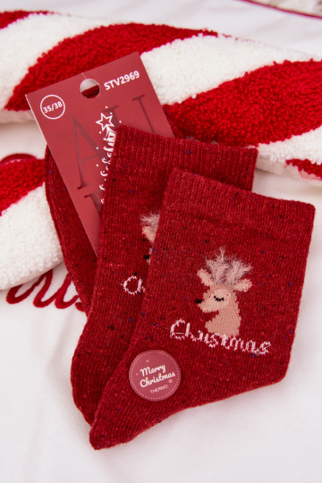 Calcetines navideños para mujeres con renos, de lana, de color rojo 2