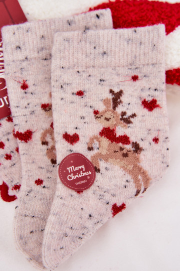 Calcetines navideños para mujeres con renos y corazones, de lana, de color gris