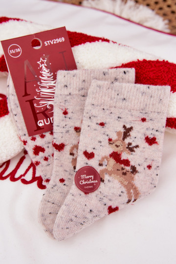 Calcetines navideños para mujeres con renos y corazones, de lana, de color gris 2