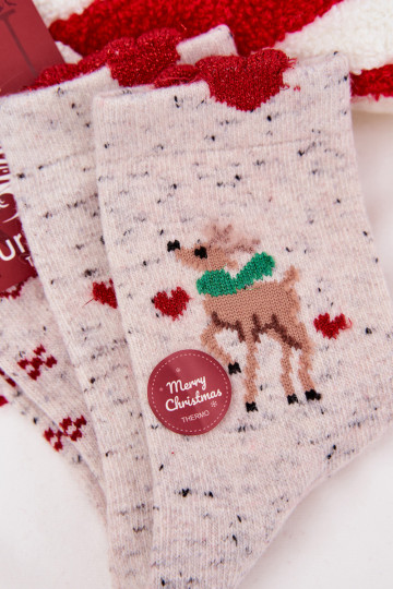 Calcetines navideños para mujeres con renos y corazones, de lana, de color gris