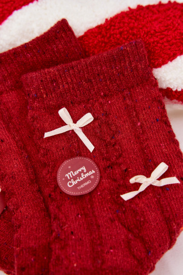 Calcetines navideños para mujeres con lazos, de lana, de color rojo