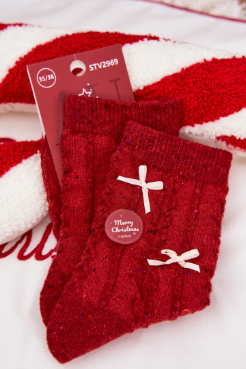 Calcetines navideños para mujeres con lazos, de lana, de color rojo 2
