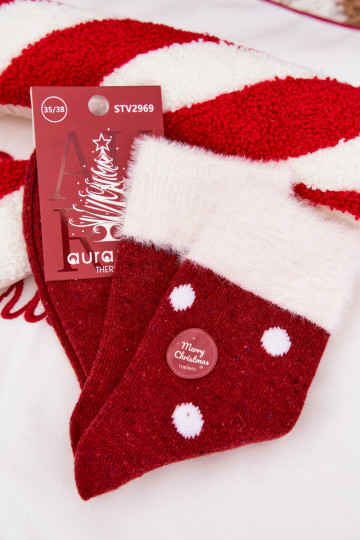 Calcetines navideños para mujeres con pelaje y puntos, de lana, de color rojo 2