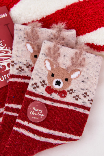 Calcetines navideños para mujeres con renos y rayas, de lana, de color rojo