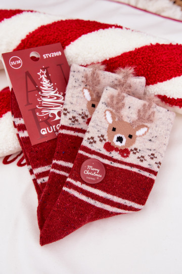 Calcetines navideños para mujeres con renos y rayas, de lana, de color rojo 2