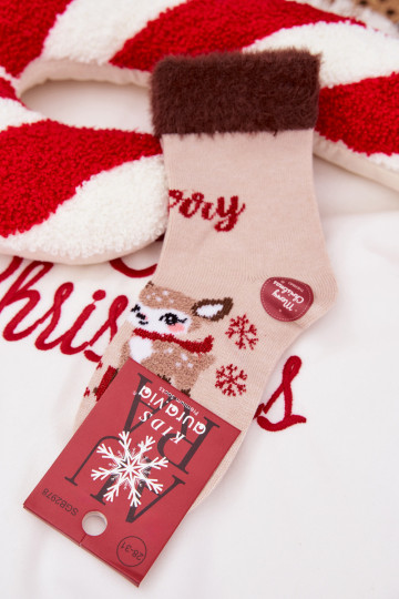 Calcetines navideños para niños con pelaje y renos, de lana, de color arena 2