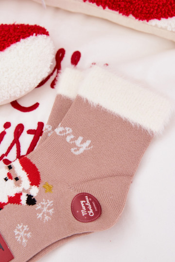 Calcetines navideños para niños con pelaje y Santa Claus, de lana, de color arena