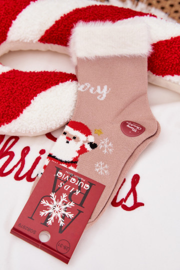 Calcetines navideños para niños con pelaje y Santa Claus, de lana, de color arena 2