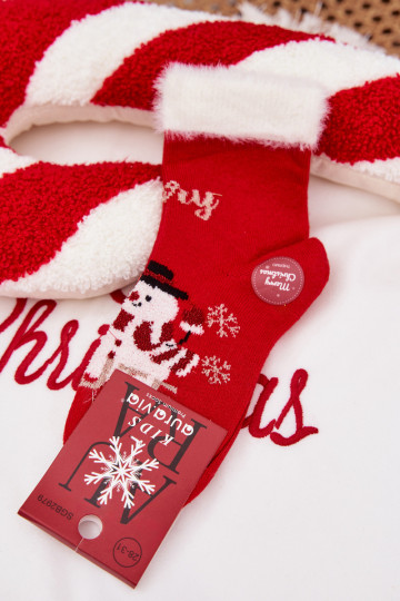 Calcetines navideños para niños con pelaje y muñeco de nieve, de lana, de color rojo 2