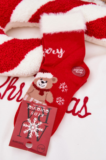 Calcetines navideños para niños con pelaje y ositos, de lana, de color rojo 2