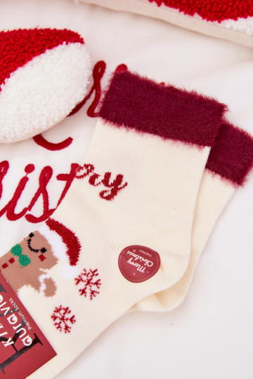 Calcetines navideños para niños con galleta de jengibre y pelaje, de lana, de color marfil