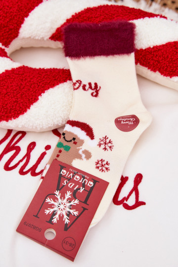 Calcetines navideños para niños con galleta de jengibre y pelaje, de lana, de color marfil 2