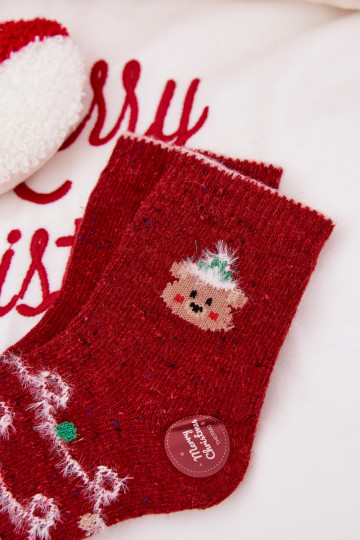 Calcetines navideños para niños con osito, de lana, de color rojo